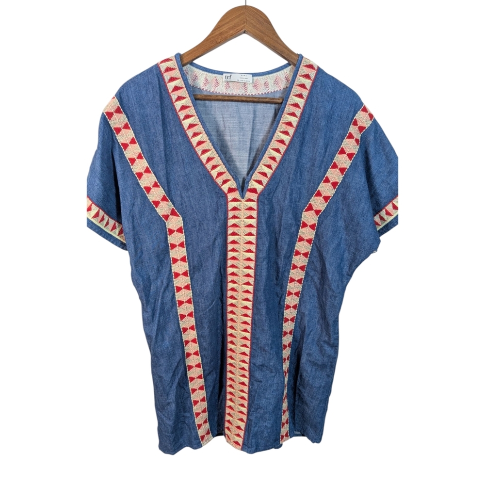 ZARA Denim Jean Embroidered V Neck Mini Dress - Picture 1 of 8